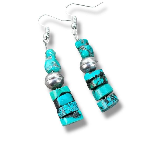 Turquoise Sterling Silver Bench Bead Nugget Stack Southwest 925 Dangle Earrings - Picture 1 of 5